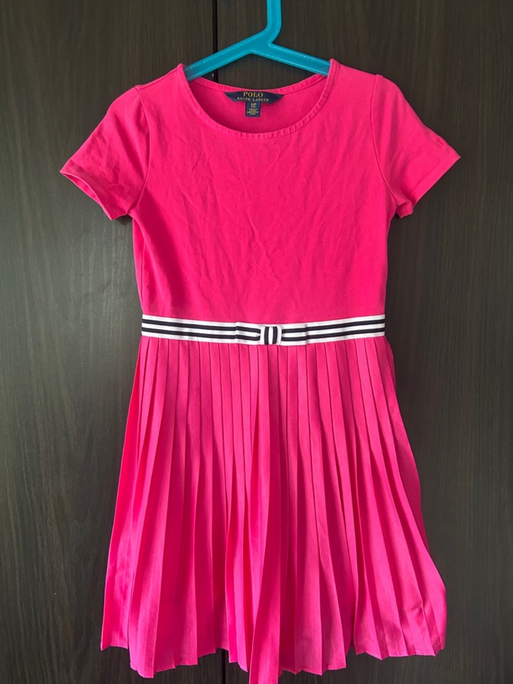 Like nPolo by Ralph Lauren Hot Pink Short Sleeve Pleated Dress with Striped Belt